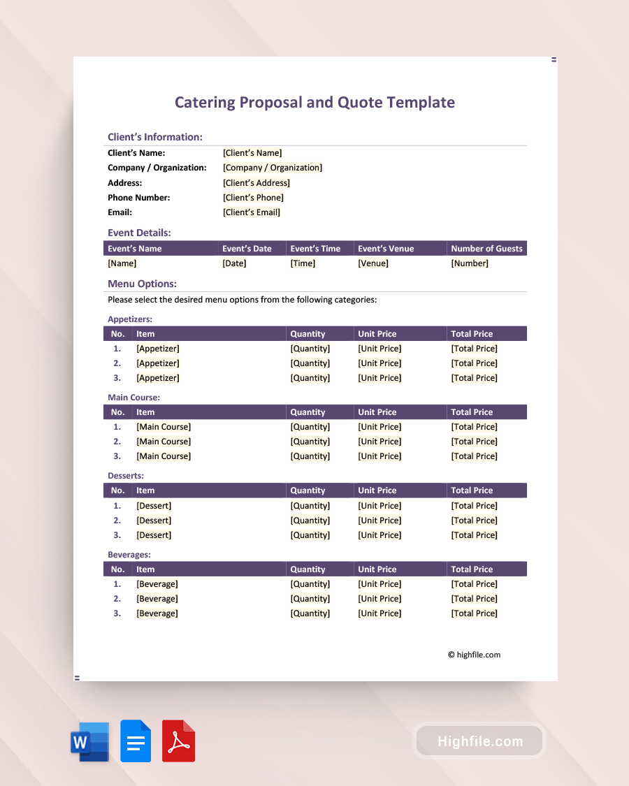 Catering Proposal and Quote Template - Word, PDF, Google Docs