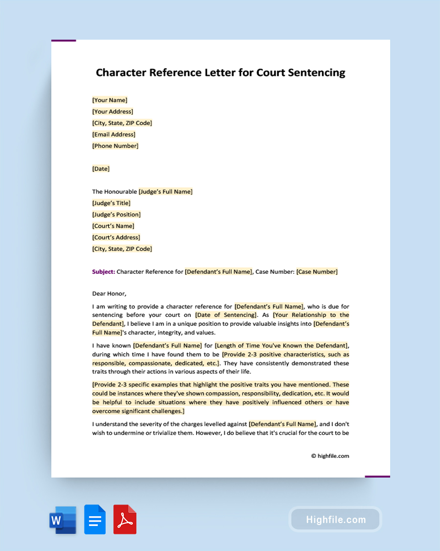 Character Reference Letter for Court Sentencing - Word, PDF, Google Docs