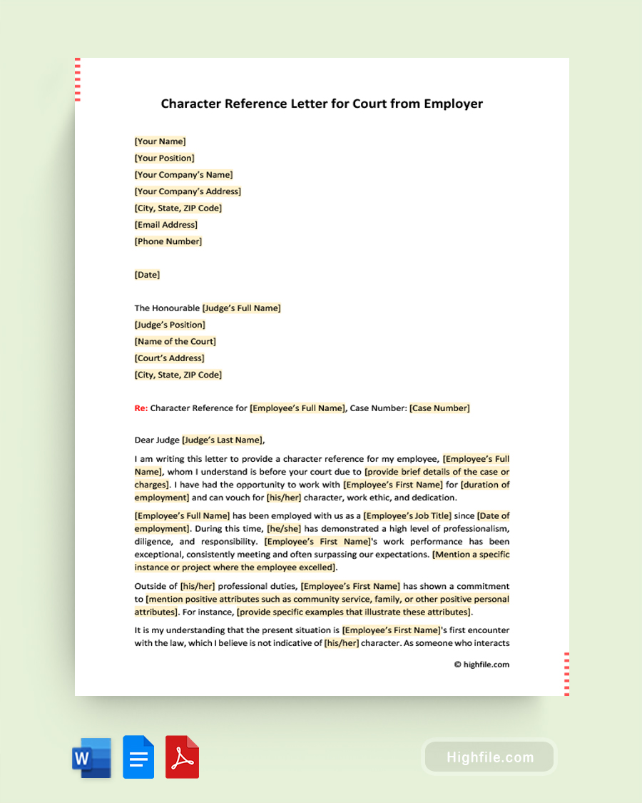 Character Reference Letter for Court from Employer - Word, PDF, Google Docs