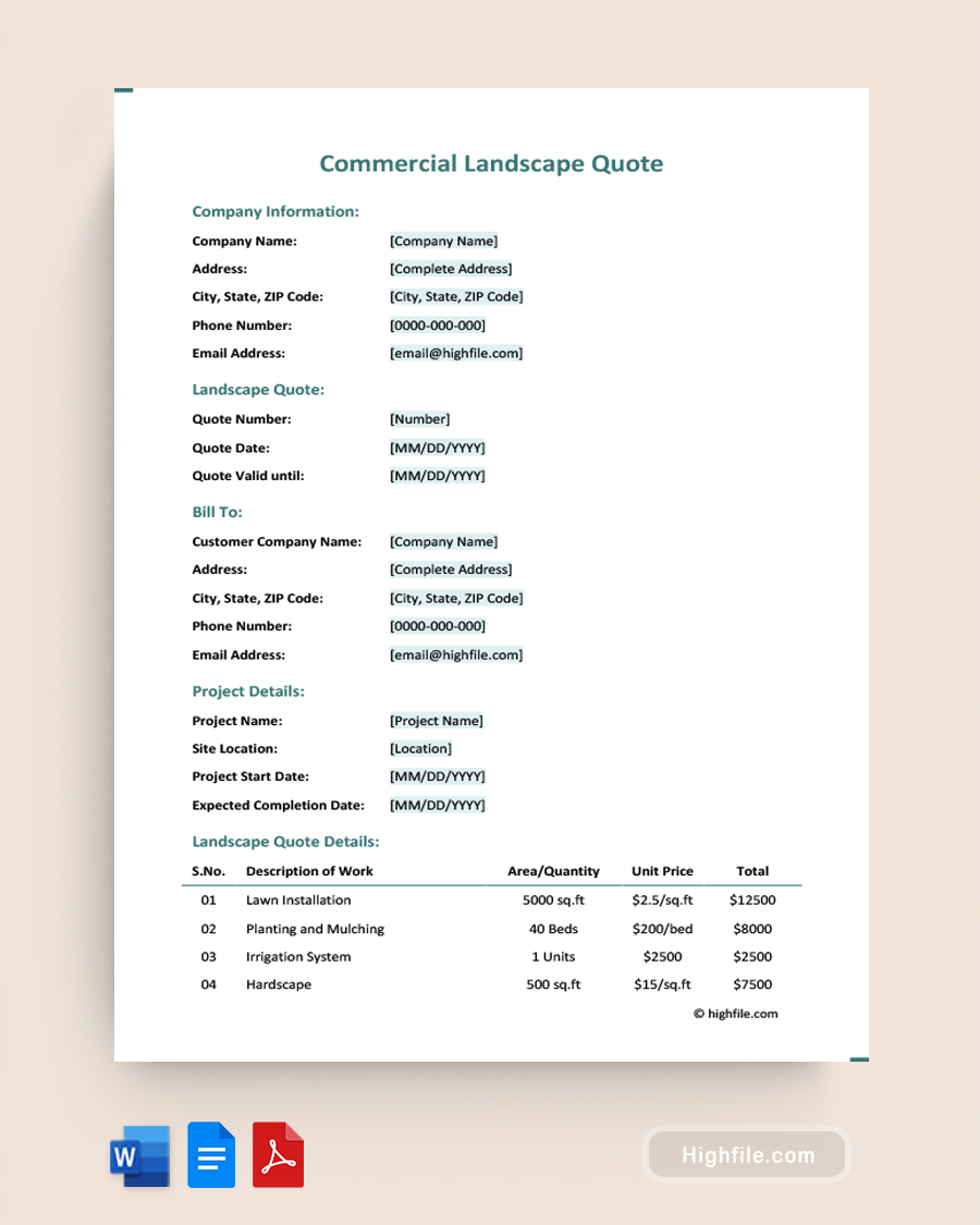 Commercial Landscape Quote Template - Word, PDF, Google Docs