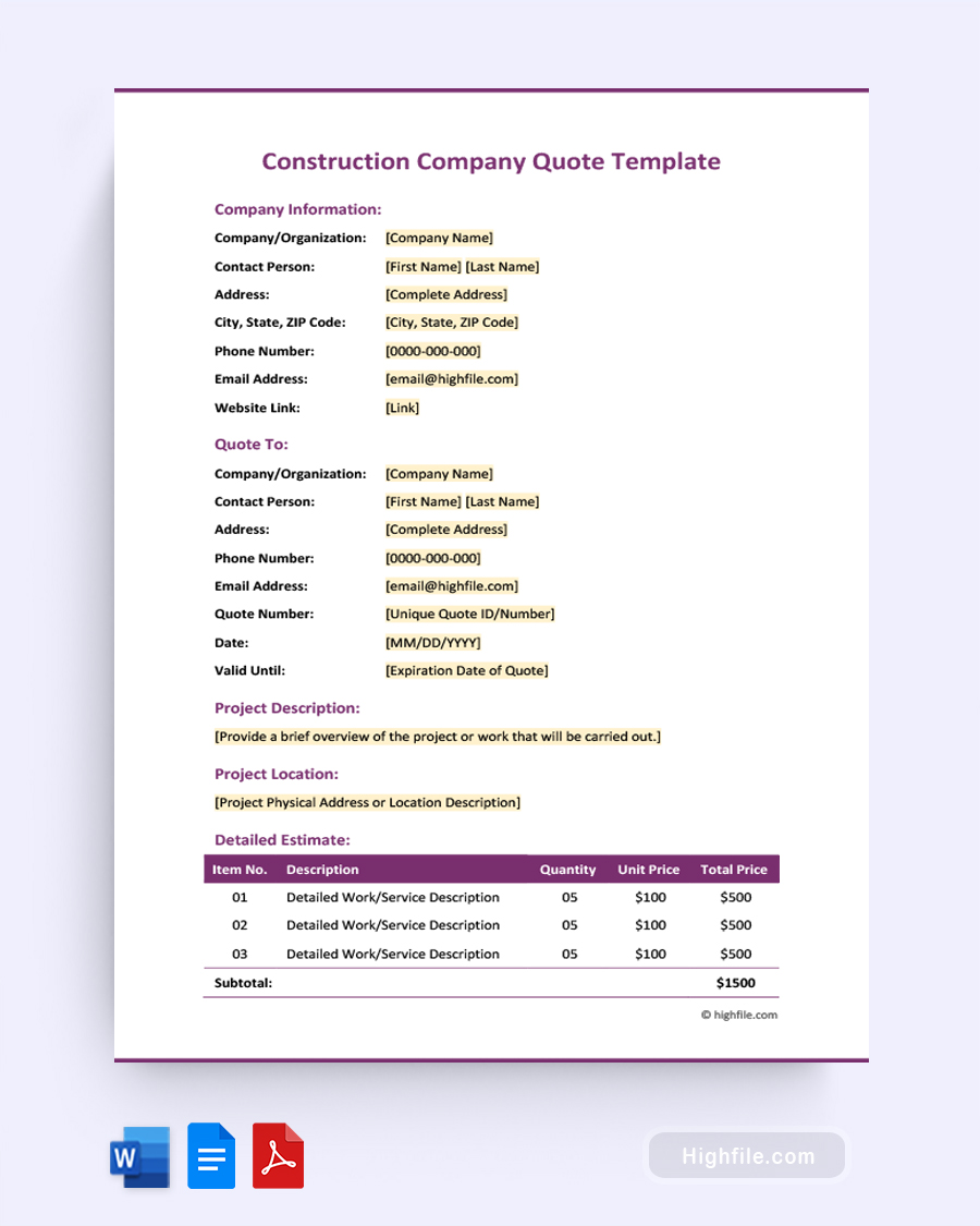 Construction Company Quote Template - Word, PDF, Google Docs