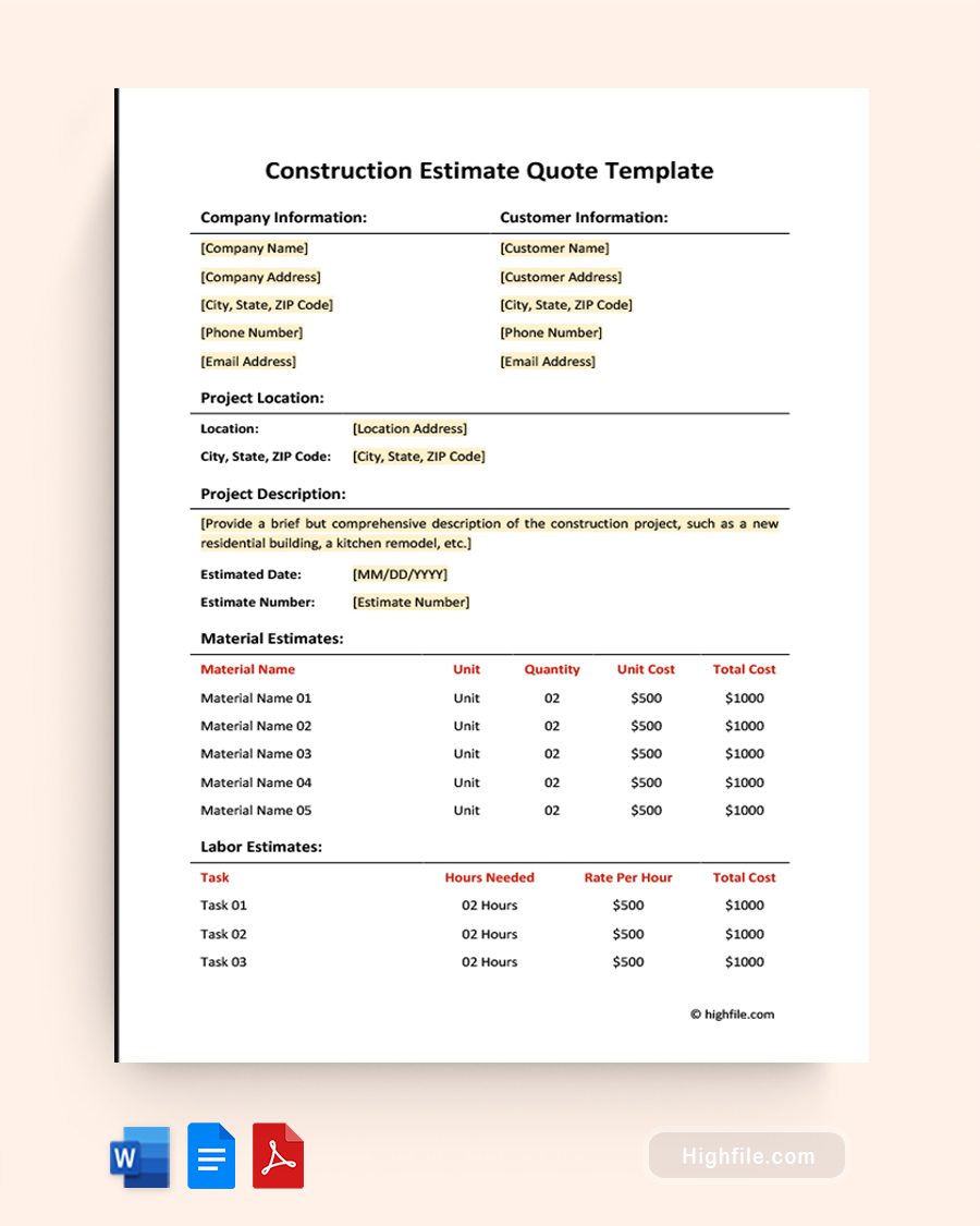 Construction Estimate Quote Template - Word, PDF, Google Docs