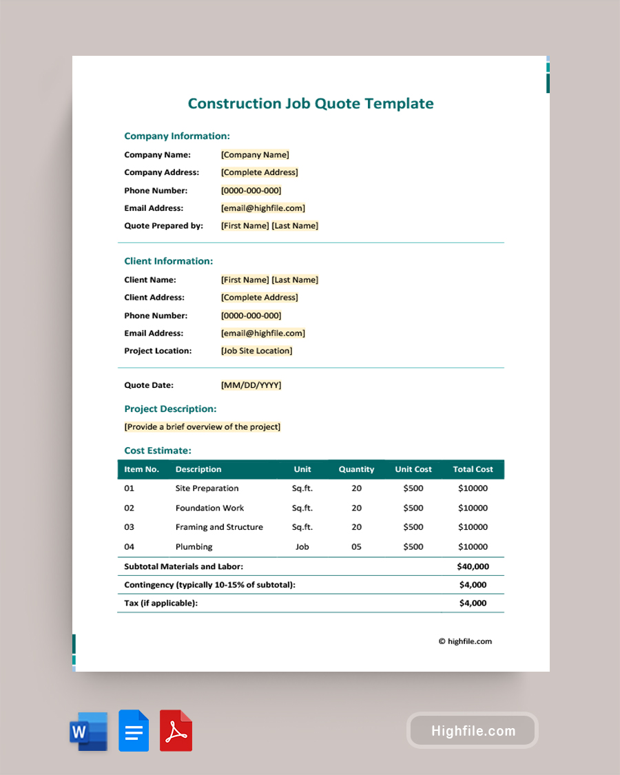 Construction Job Quote Template - Word, PDF, Google Docs
