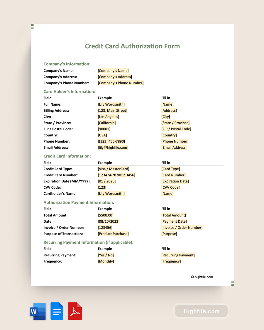 Credit Card Authorization Form - Word, PDF, Google Docs