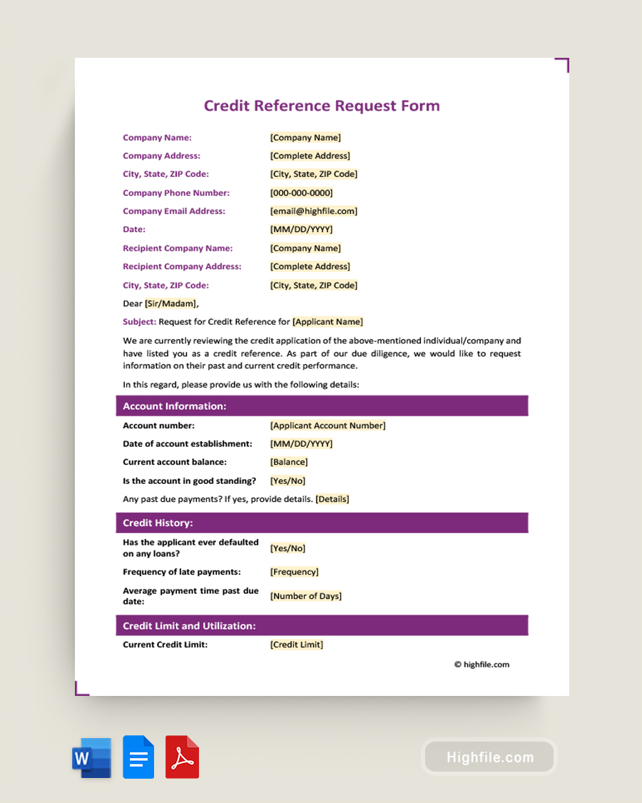 Credit Reference Request Form - Word, PDF, Google Docs