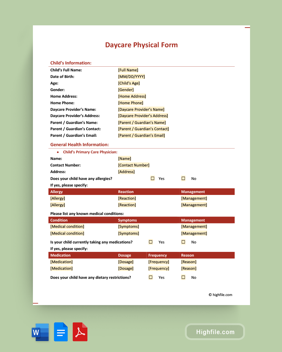 Daycare Physical Form - Word, PDF, Google Docs