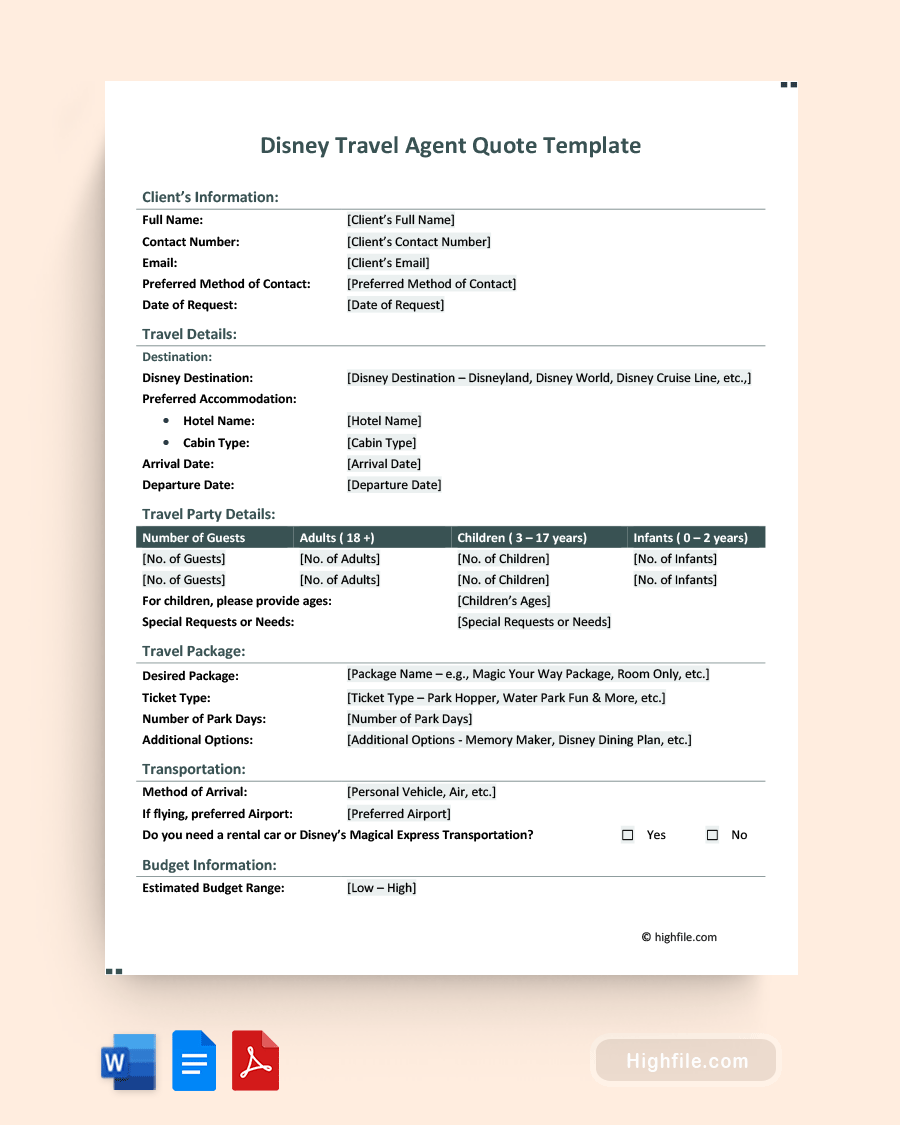 Disney Travel Agent Quote Template - Word, PDF, Google Docs
