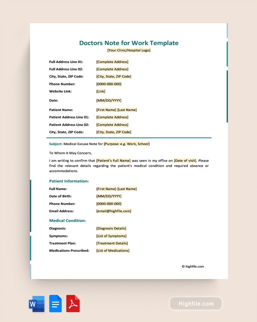Doctors Note for Work Template - Word, PDF, Google Docs
