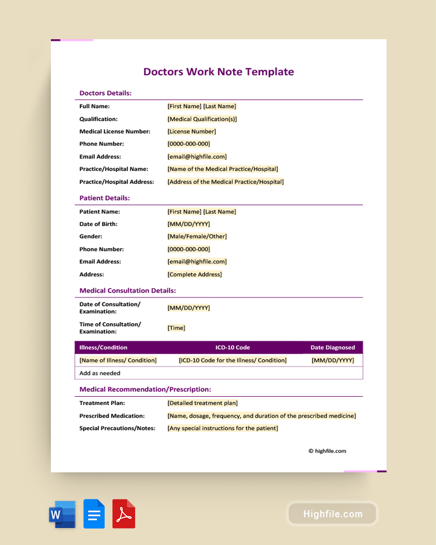 Doctors Work Note Template - Word, PDF, Google Docs