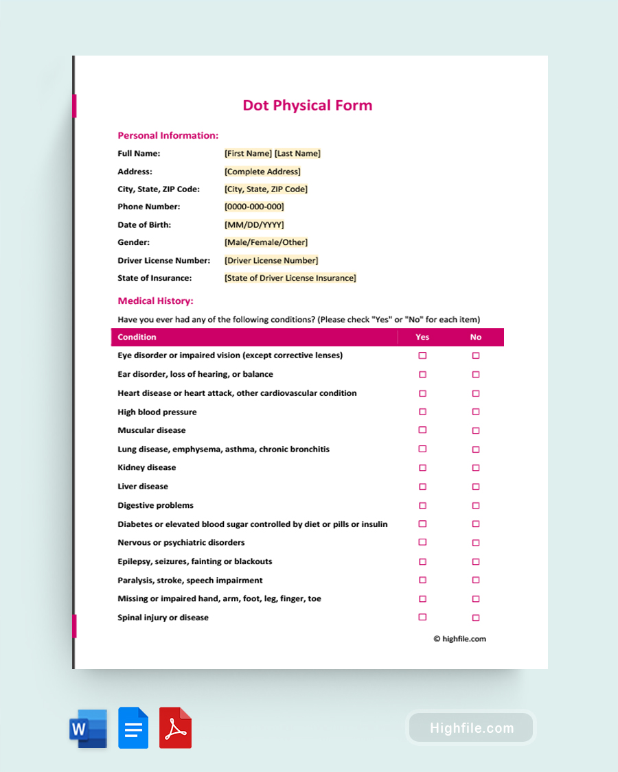 Dot Physical Form - Word, PDF, Google Docs