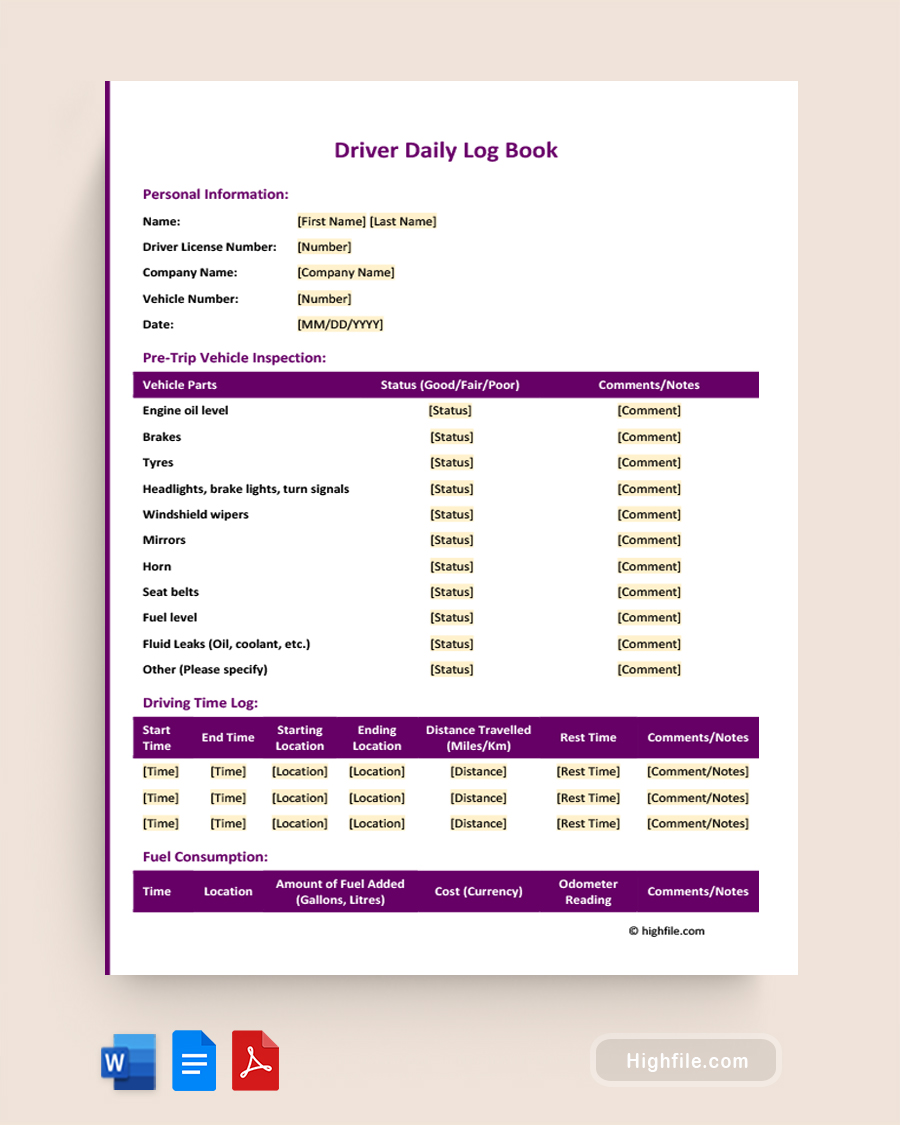 Driver Daily Log Book - Word, PDF, Google Docs