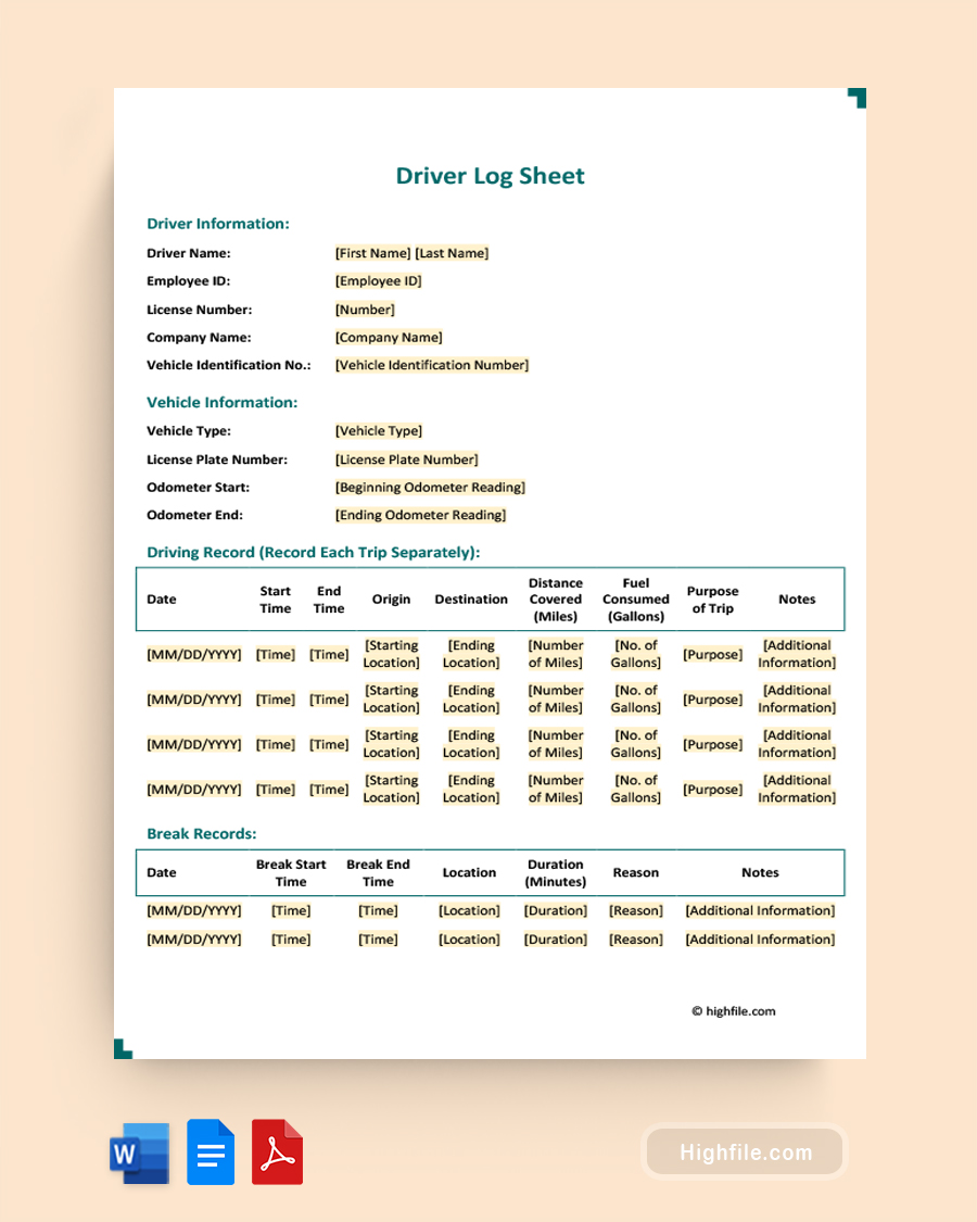 Driver Log Sheet - Word, PDF, Google Docs