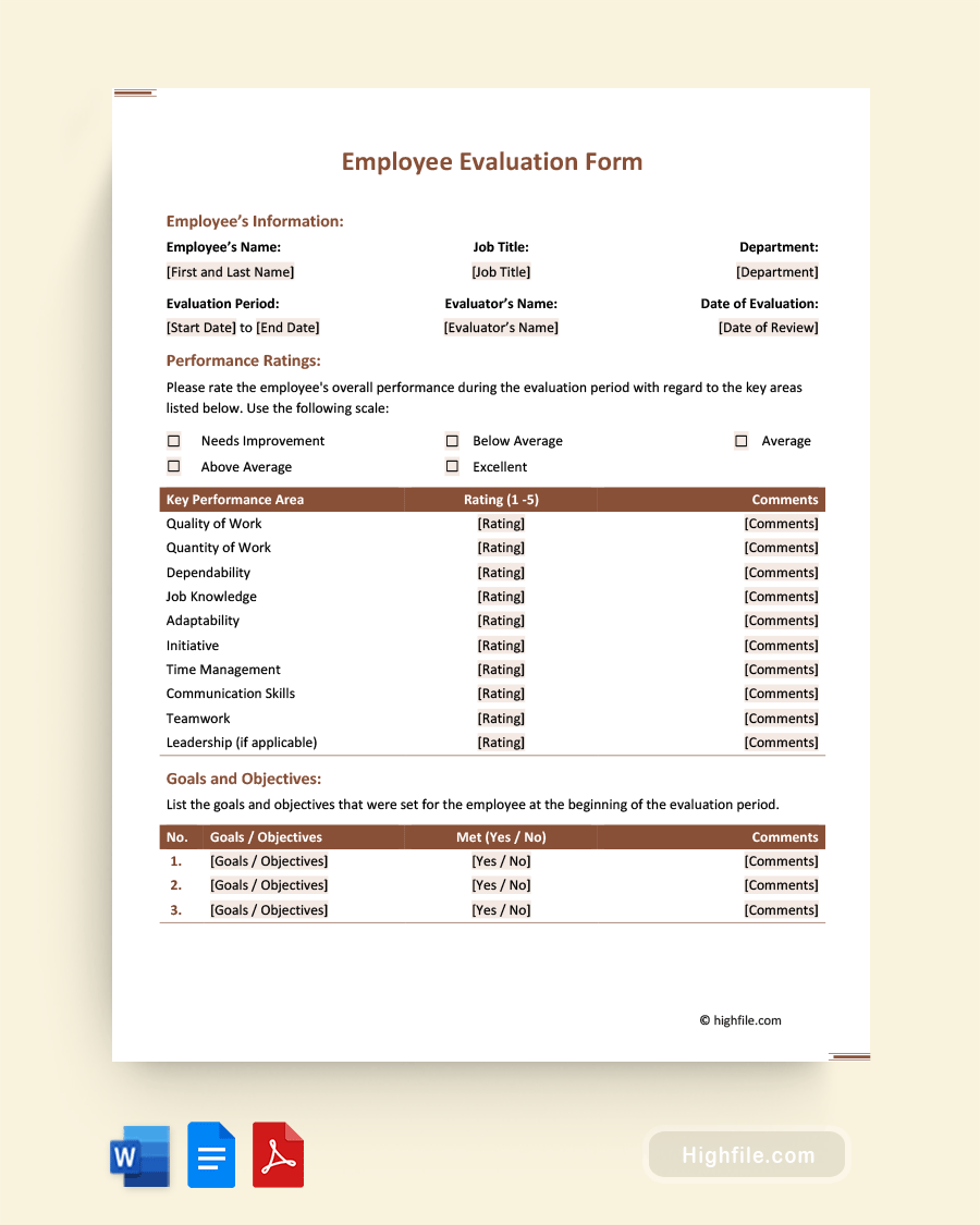 Employee Evaluation Form - Word, PDF, Google Docs