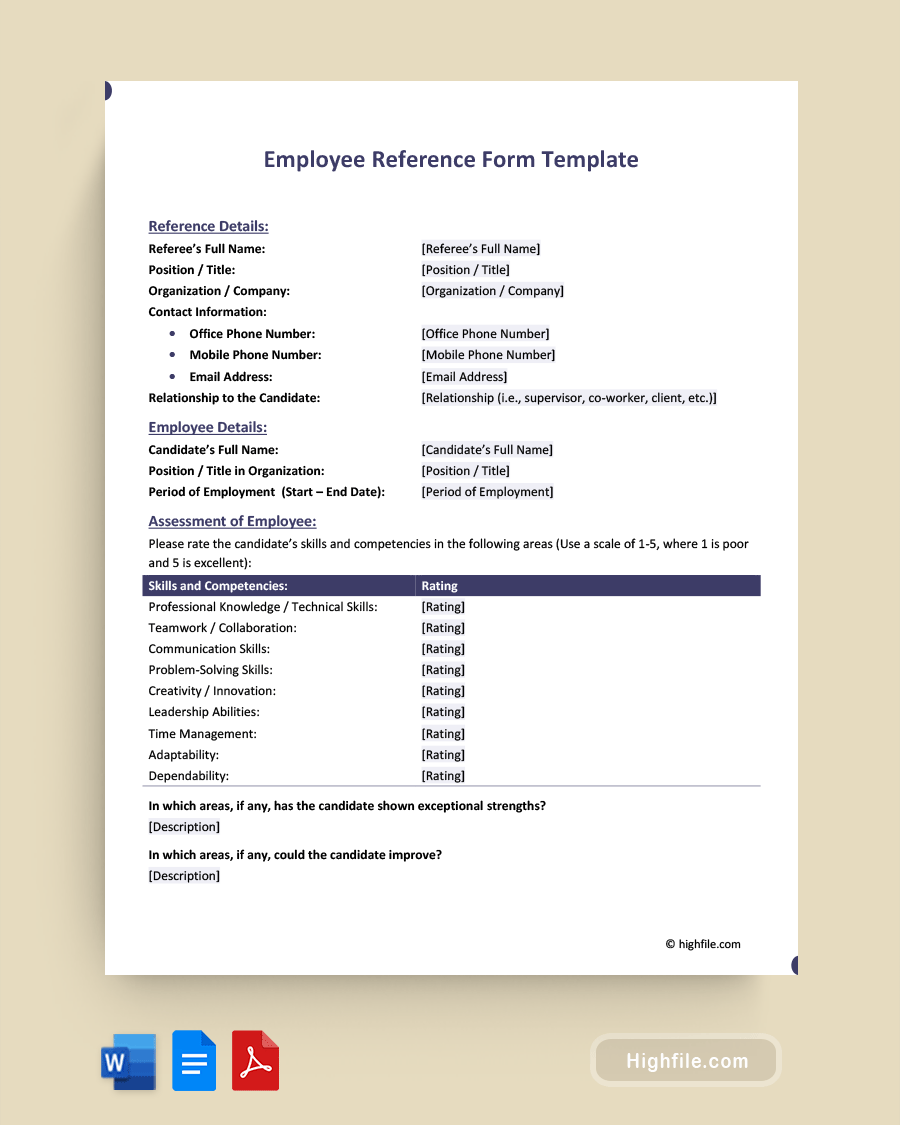 Employee Reference Form Template - Word, PDF, Google Docs