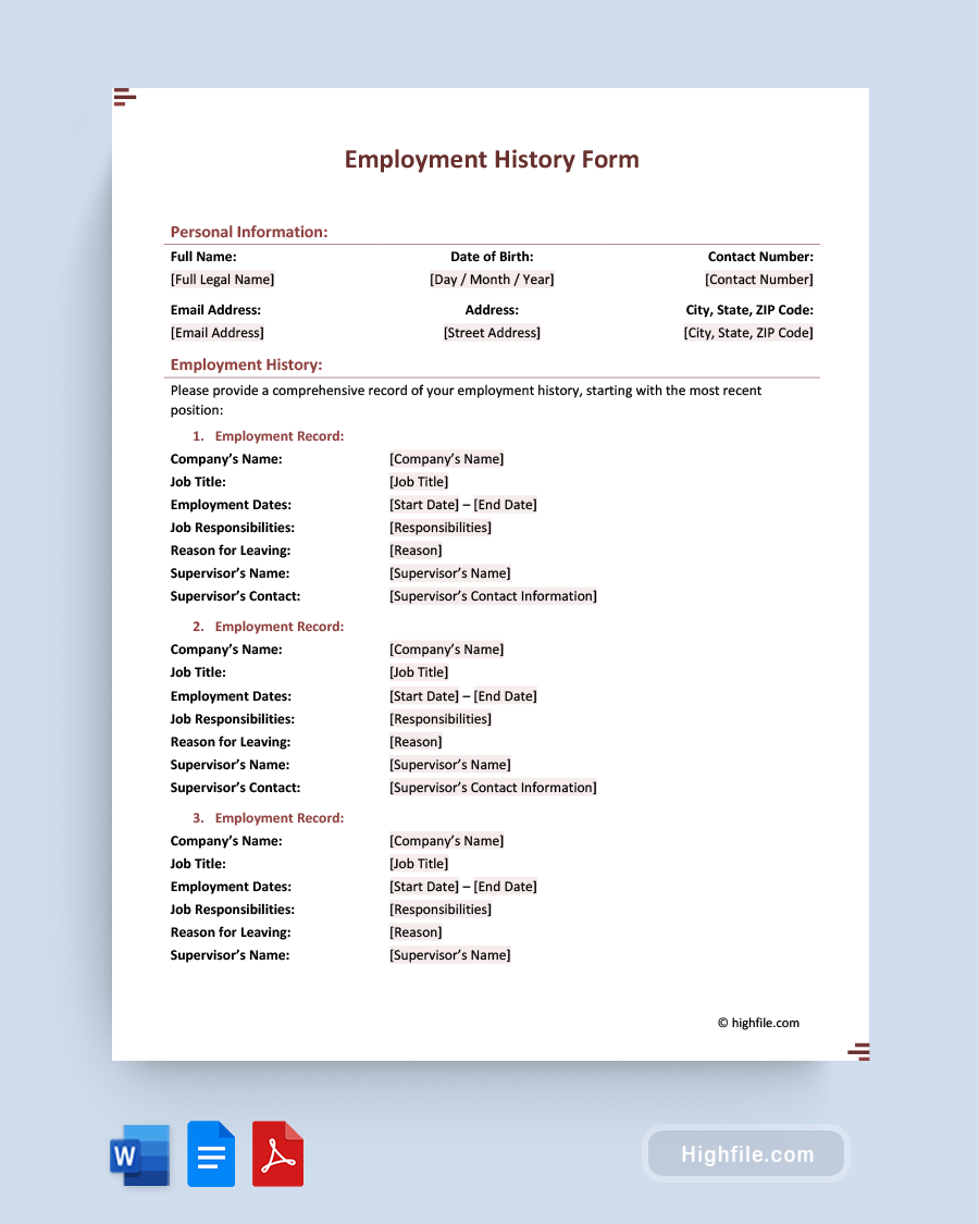 Employment History Form - Word, PDF, Google Docs