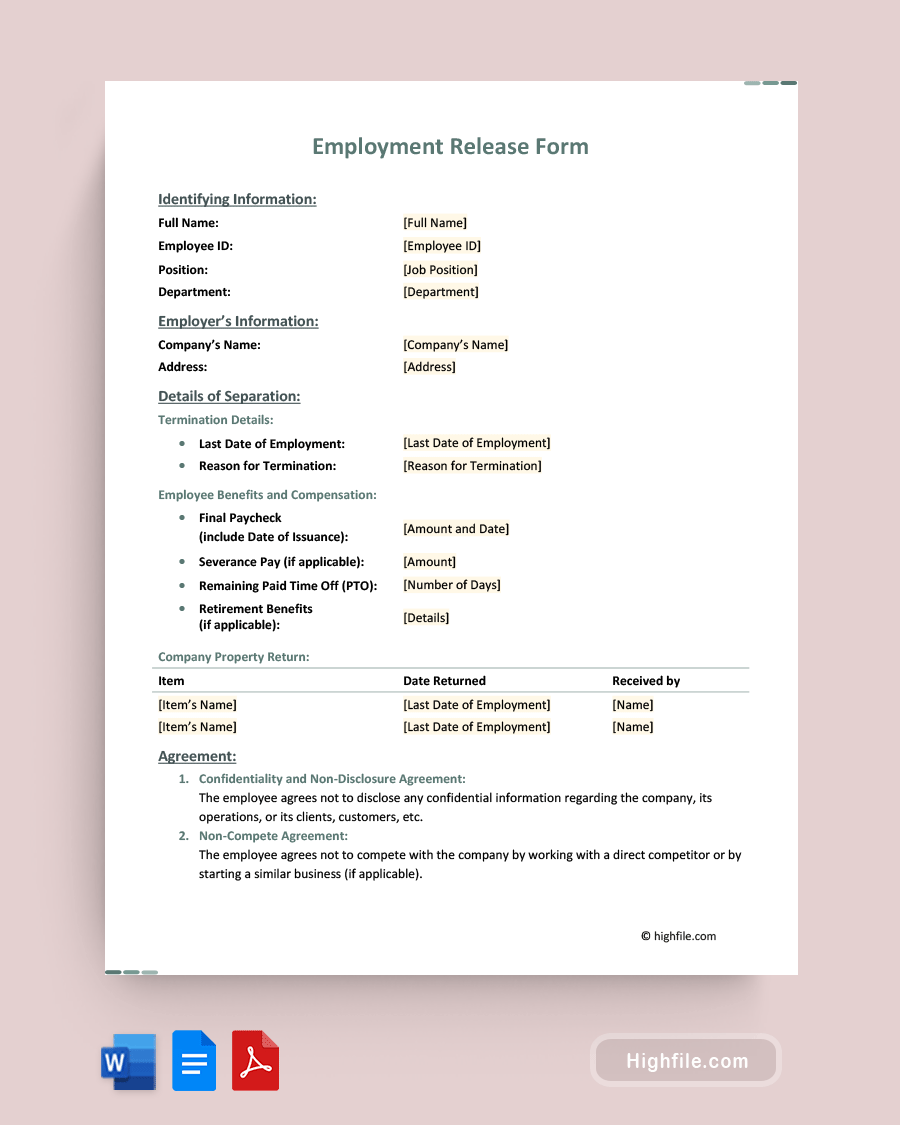 Employment Release Form - Word, PDF, Google Docs