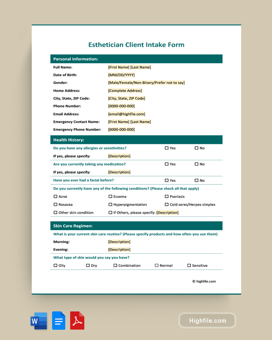 Esthetician Client Intake Form - Word, PDF, Google Docs