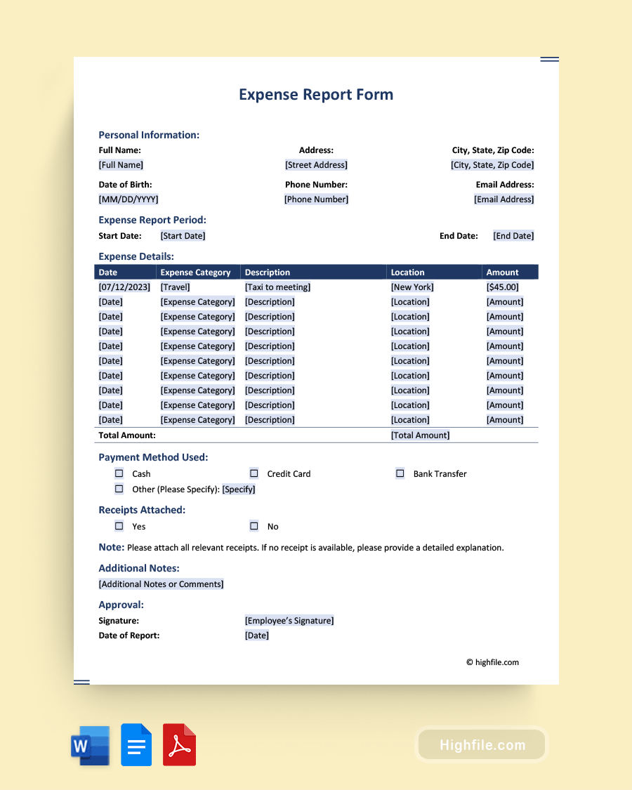 Expense Report Form - Word, PDF, Google Docs