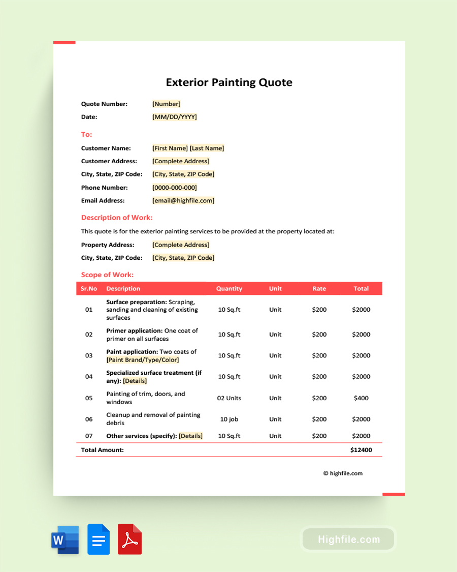 Exterior Painting Quote Template - Word, PDF, Google Docs