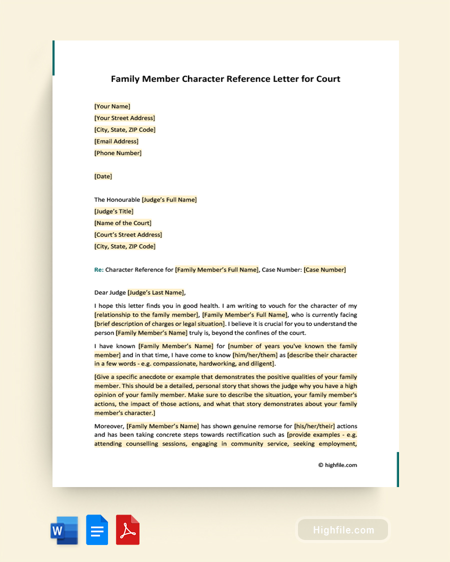 Family Member Character Reference Letter for Court - Word, PDF, Google Docs