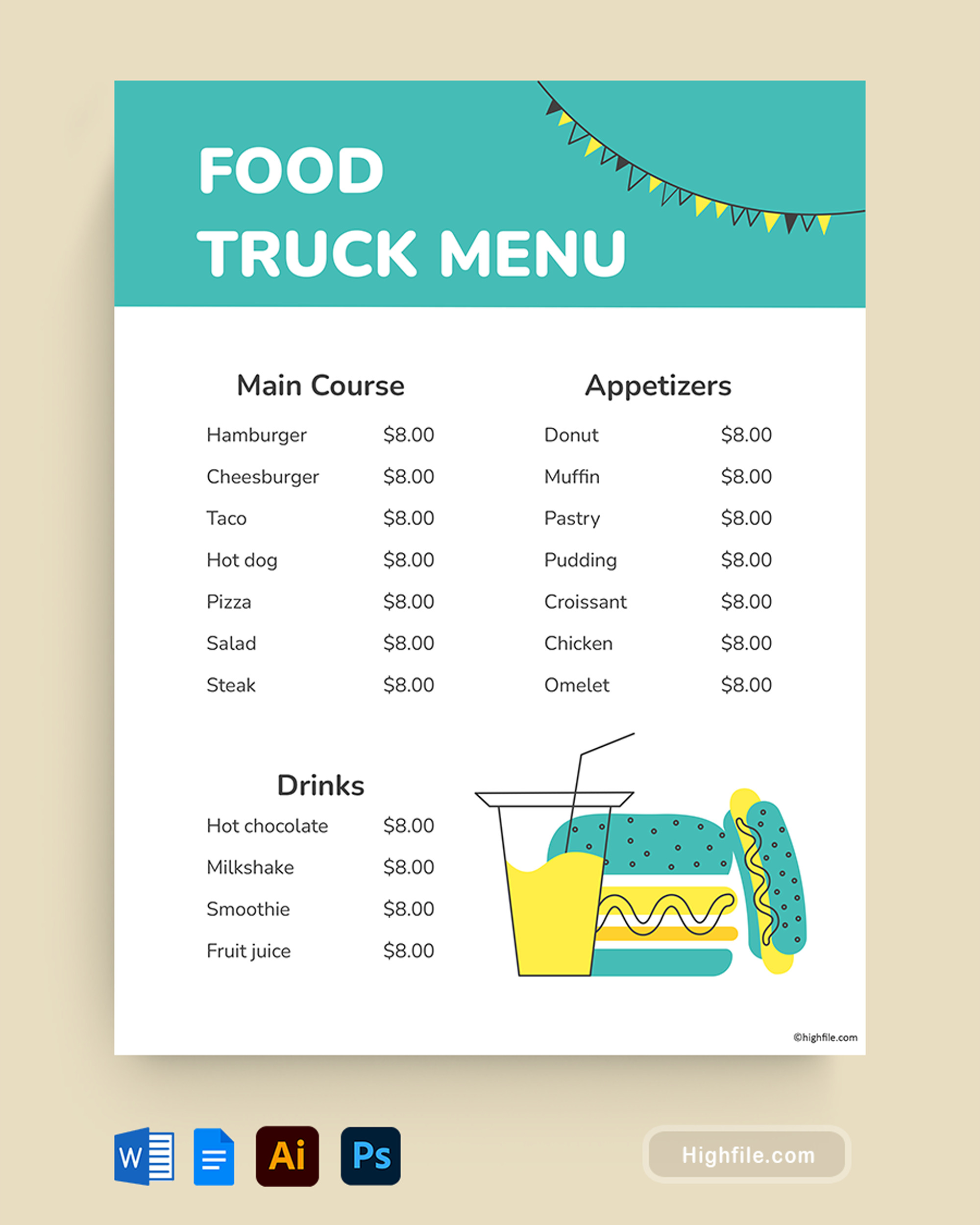 Food Truck Menu Template - Word, Google Docs, Adobe Illustrator, Adobe Photoshop