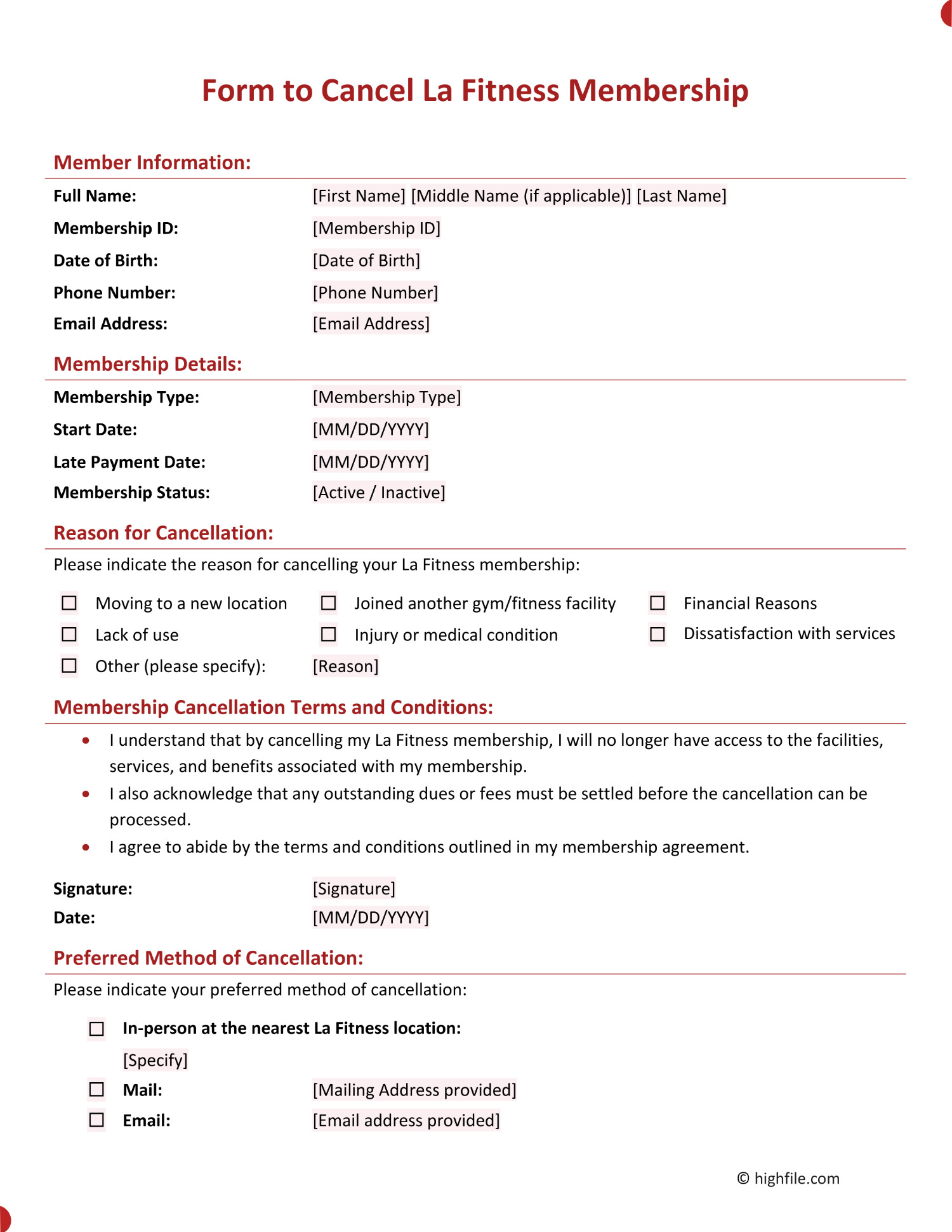 form to cancel la fitness membership - word | pdf | google docs