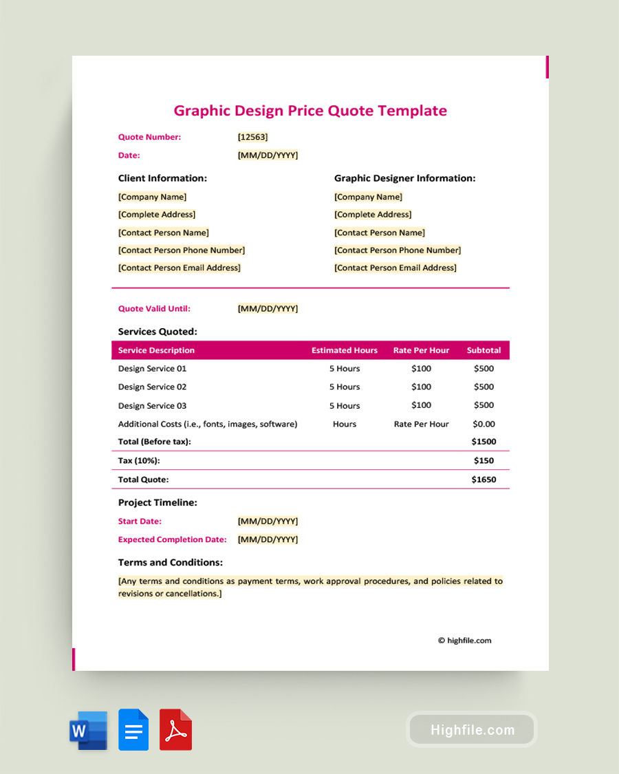 Graphic Design Price Quote Template - Word, PDF, Google Docs
