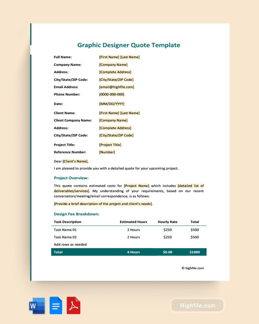 Graphic Designer Quote Template - Word, PDF, Google Docs