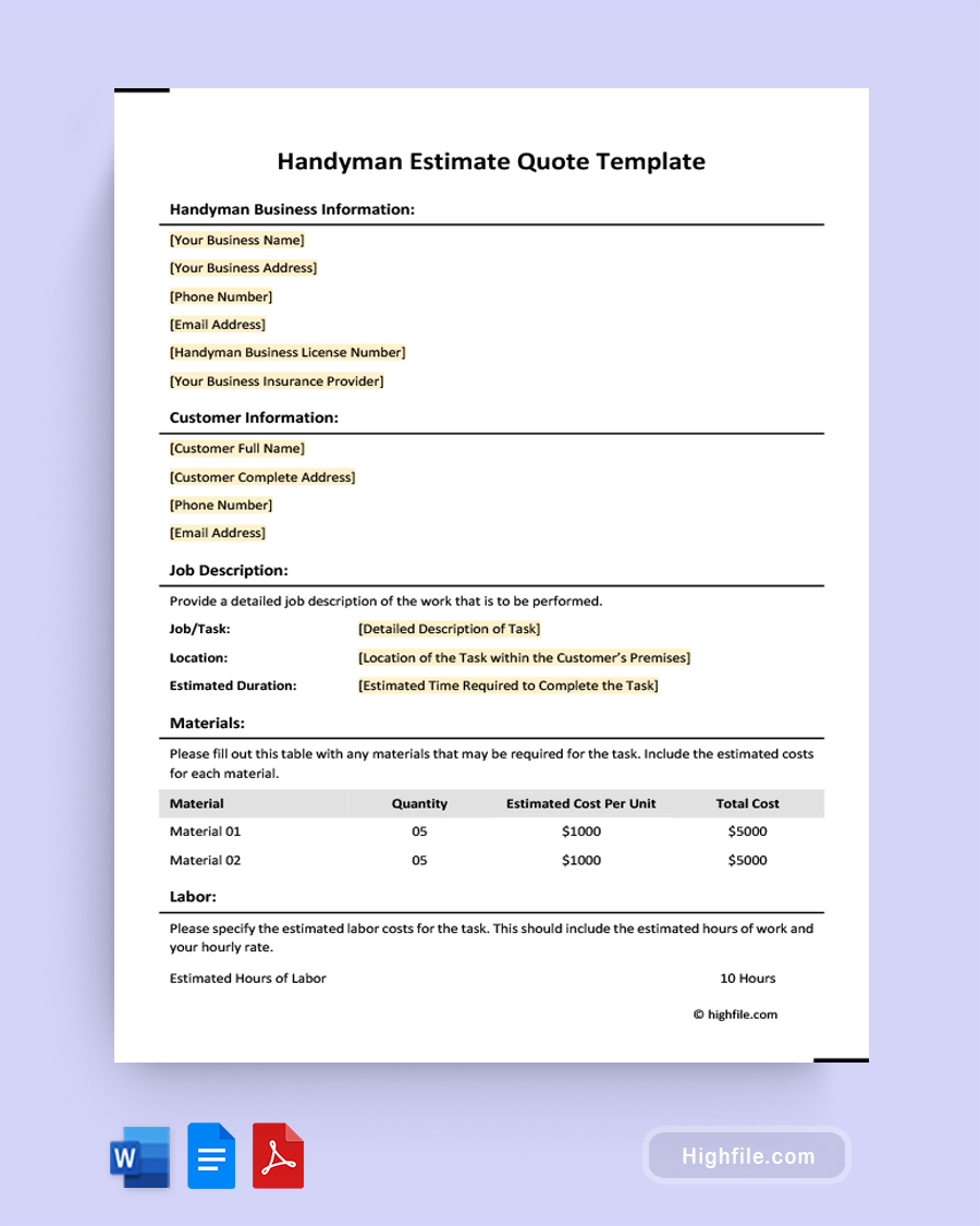 Handyman Estimate Quote Template - Word, PDF, Google Docs