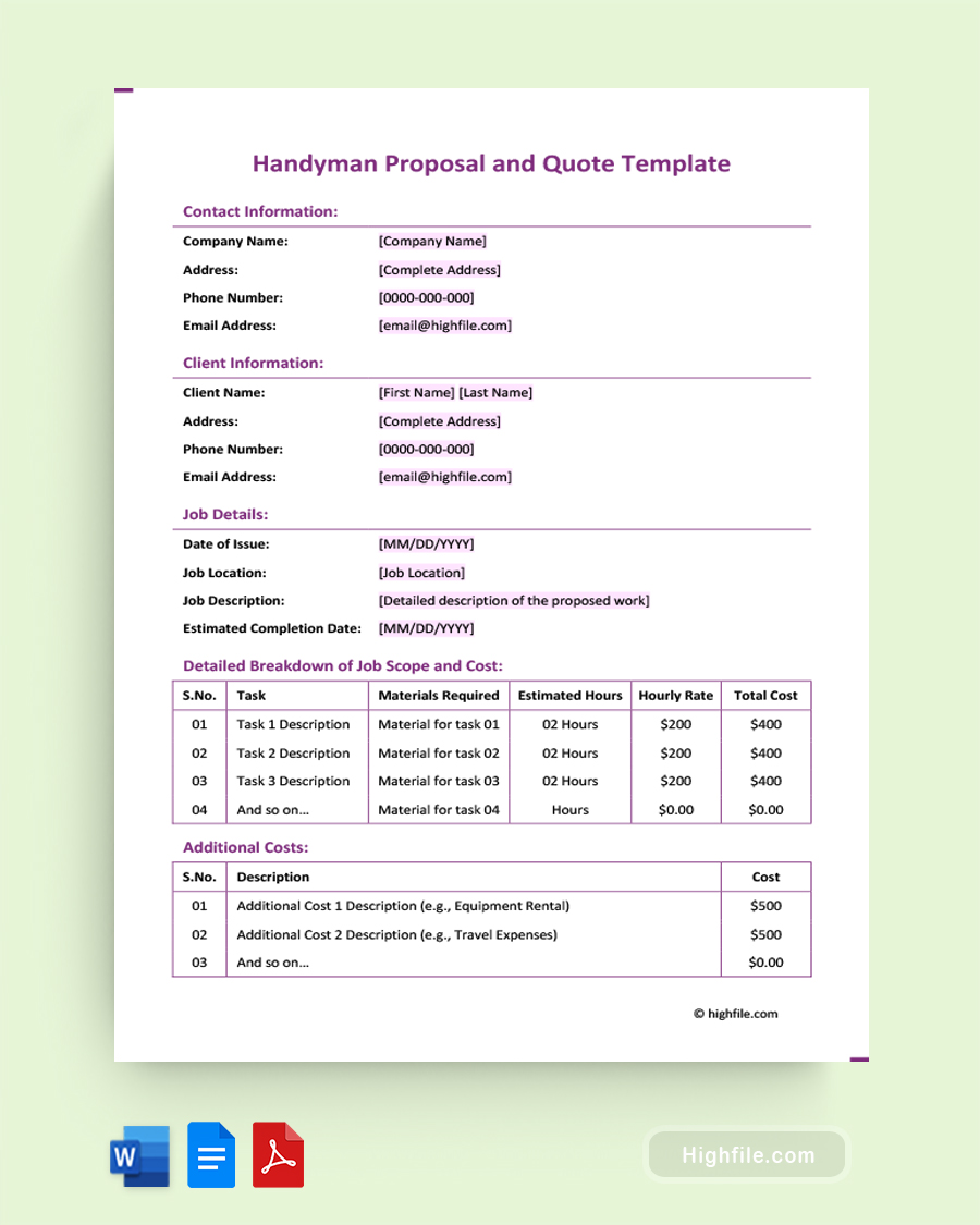 Handyman Proposal and Quote Template - Word, PDF, Google Docs