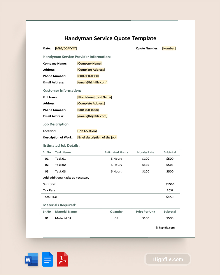 Handyman Service Quote Template - Word, PDF, Google Docs