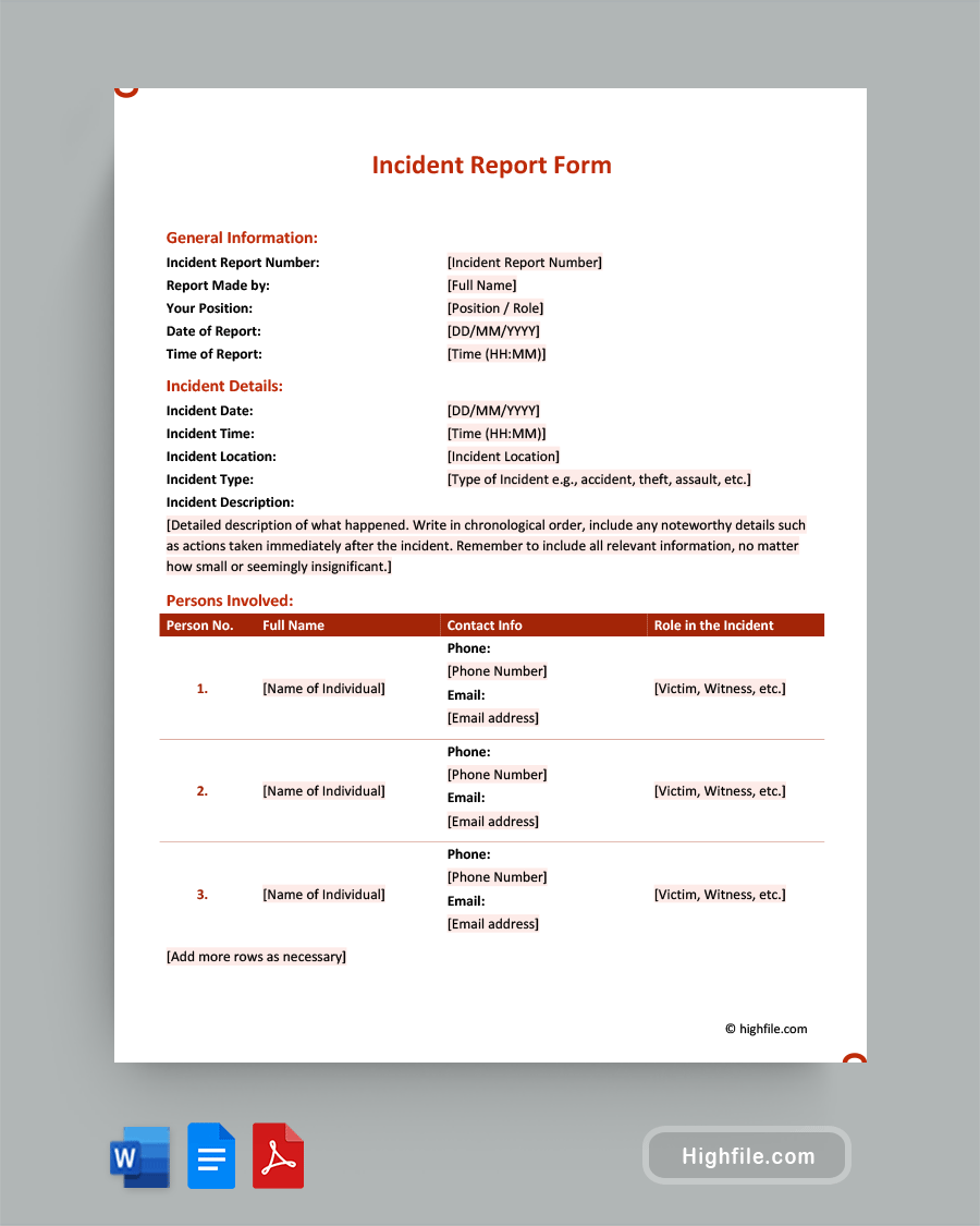 Incident Report Form - Word, PDF, Google Docs