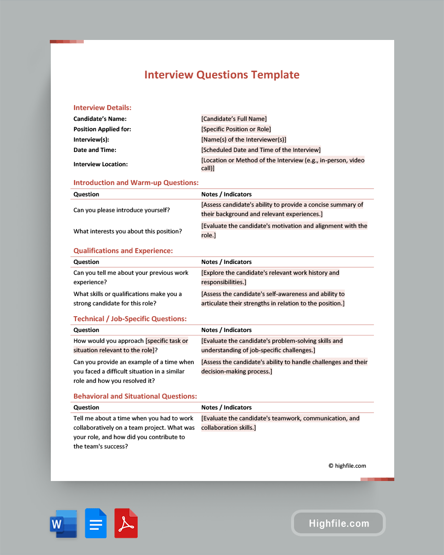 Interview Questions Template - Word, PDF, Google Docs