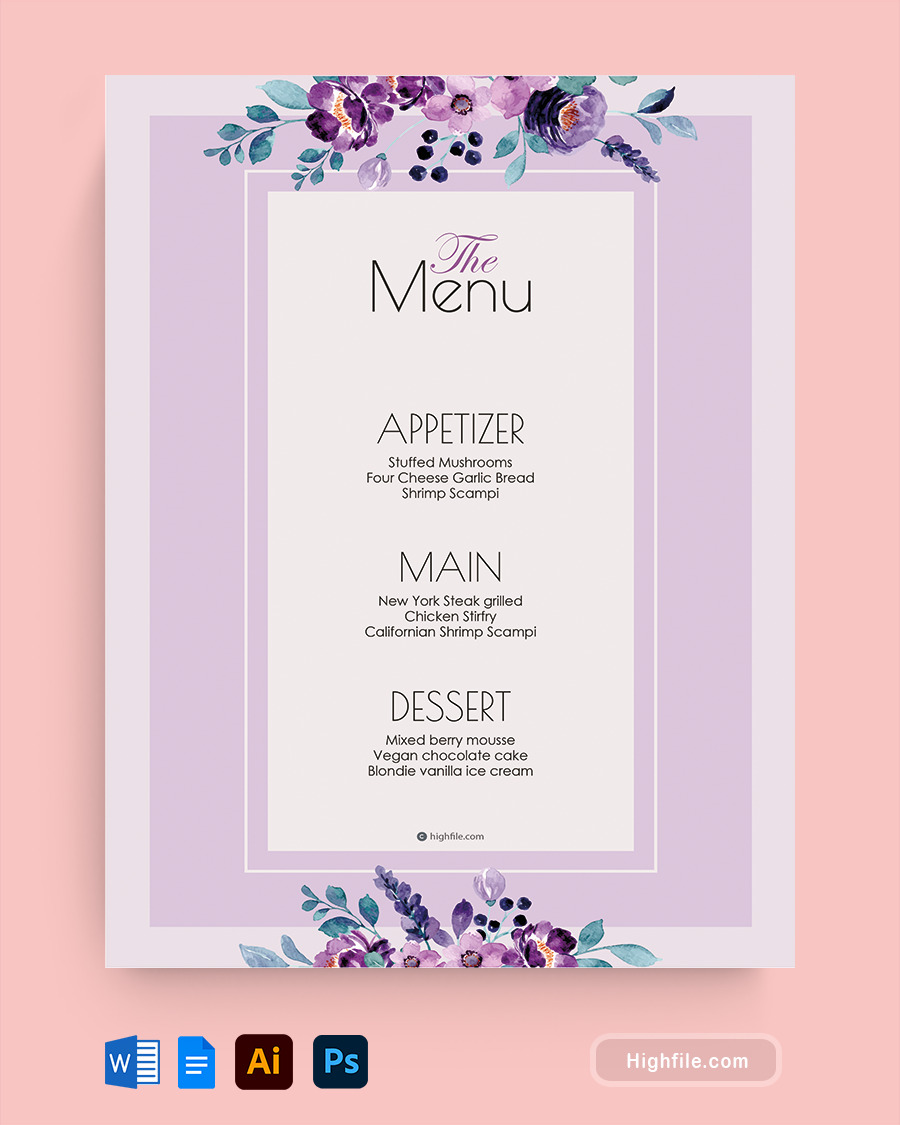 Lavender Wedding Menu Template - Word, Google Docs, Adobe Illustrator, Adobe Photoshop