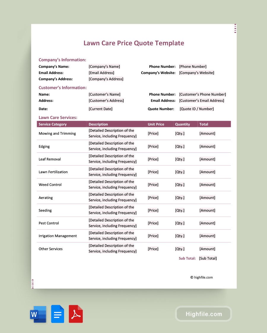 Lawn Care Price Quote Template - Word, PDF, Google Docs
