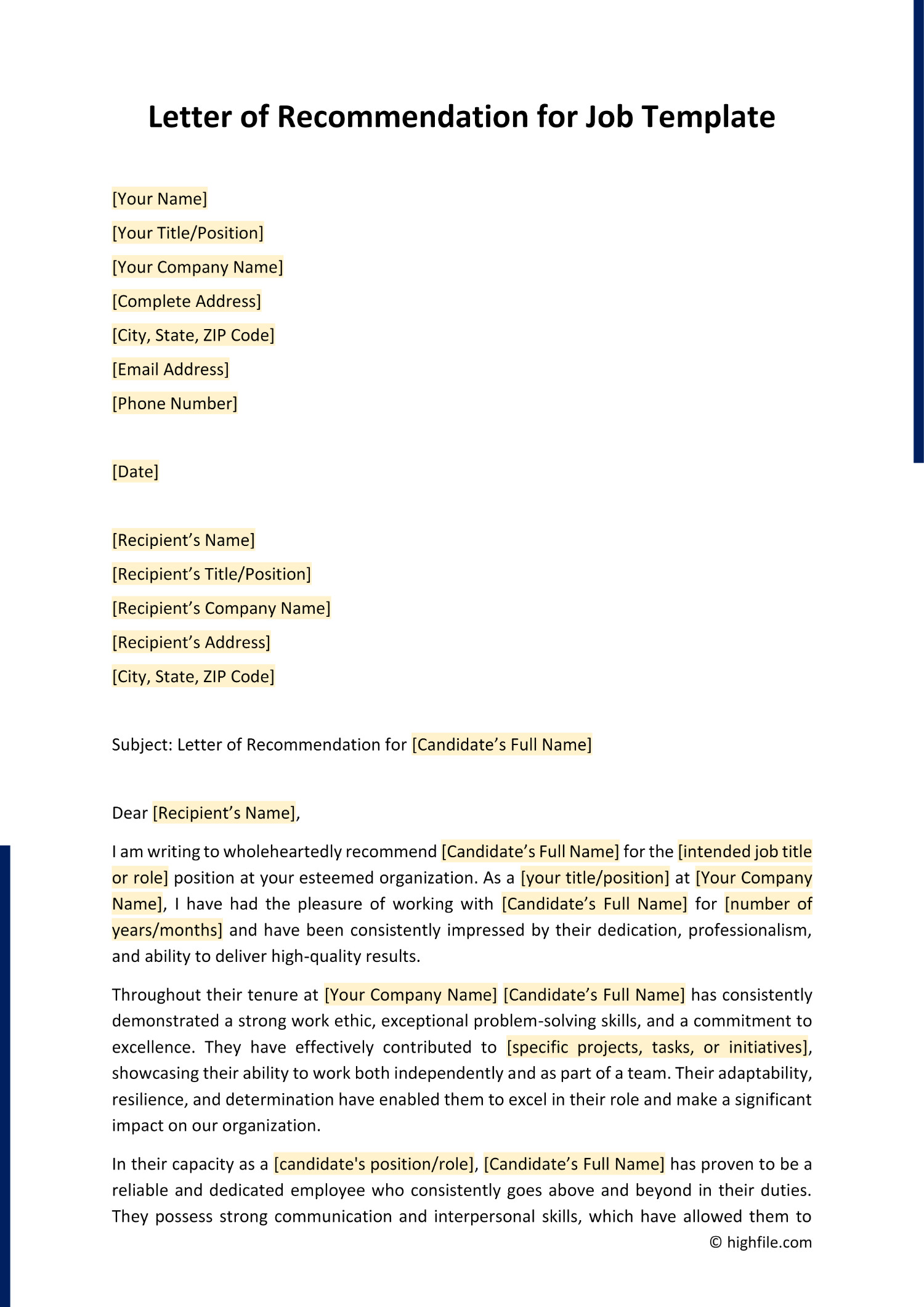 Letter of for Job Template Highfile