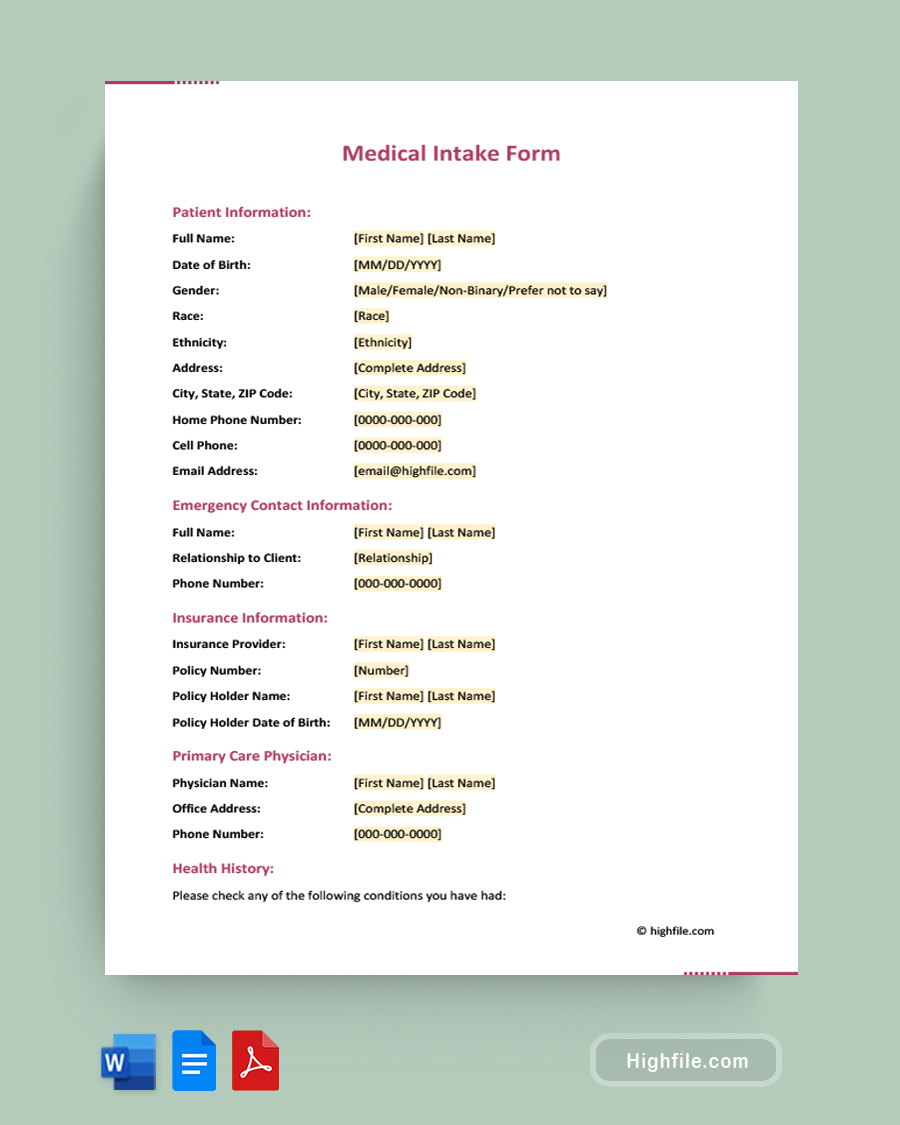 Medical Intake Form - Word, PDF, Google Docs