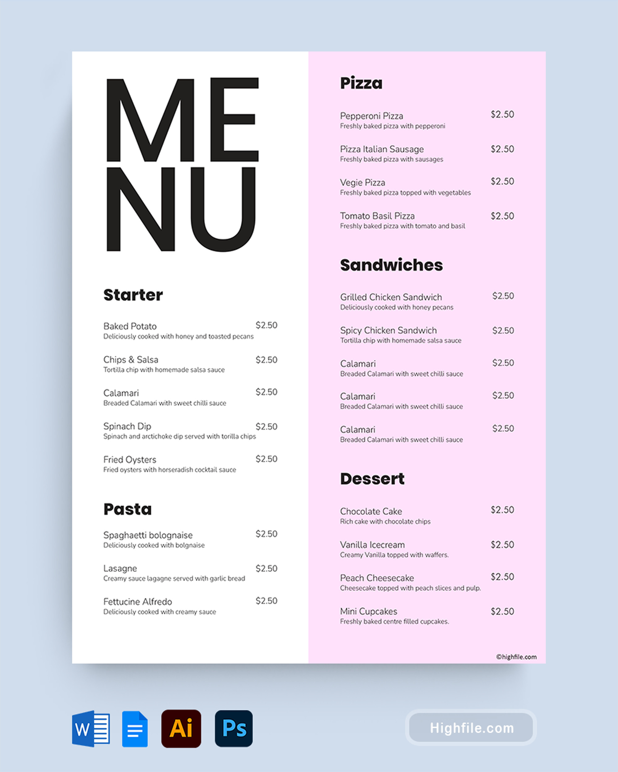 Minimal Food Menu Template- Word, Google Docs, Adobe Illustrator, Adobe Photoshop        