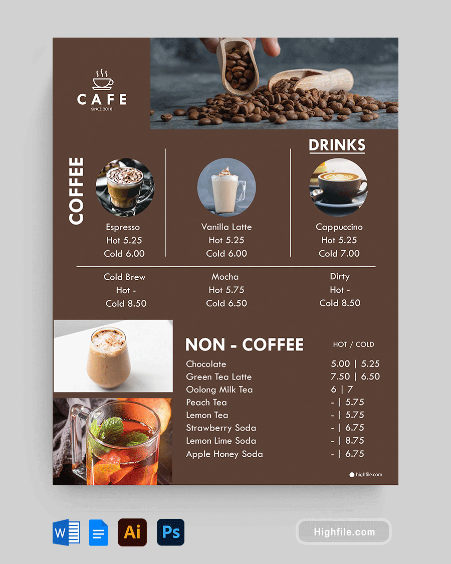 Mocha Cafe Menu Template - Word, Google Docs, Adobe Illustrator, Adobe Photoshop