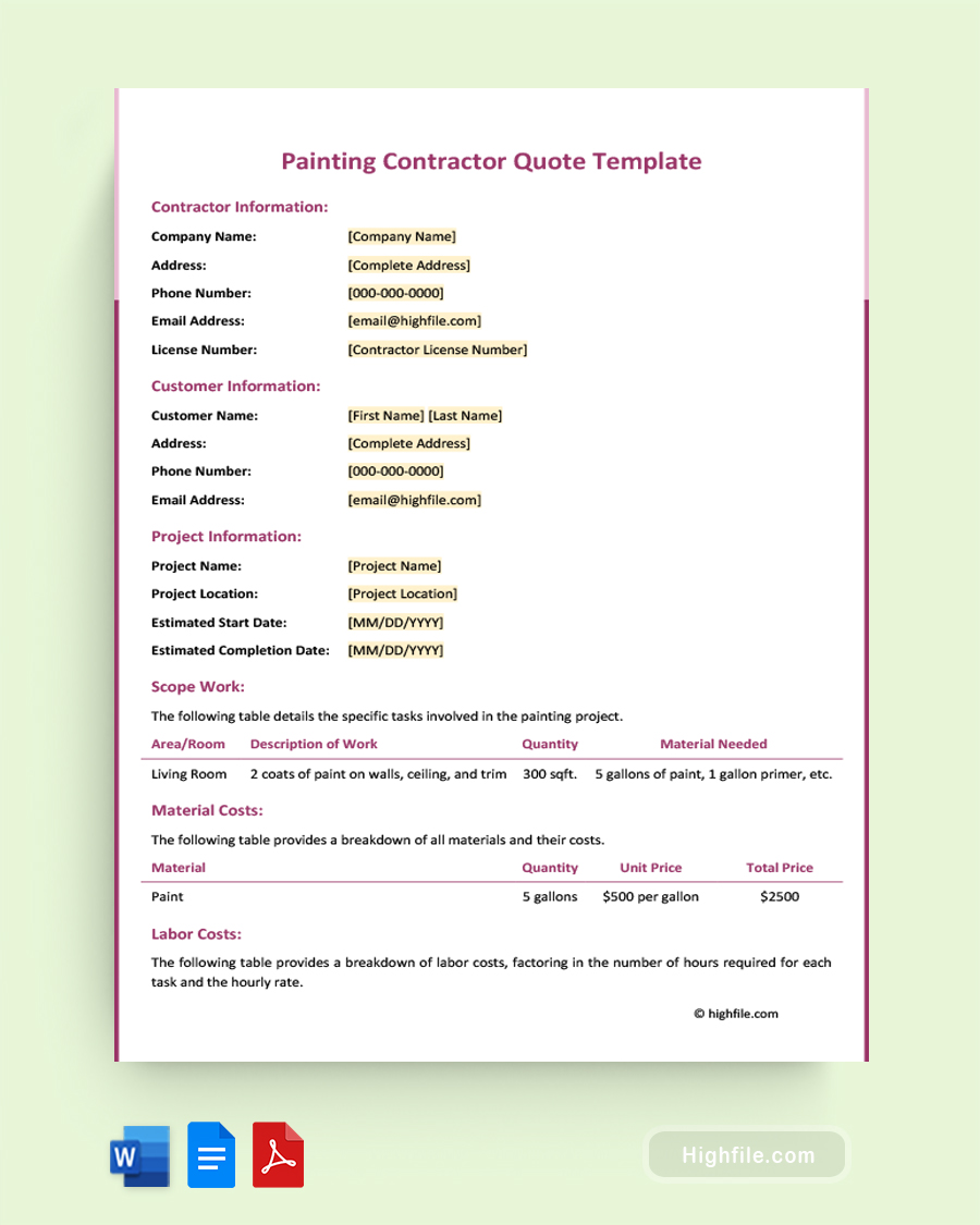 Painting Contractor Quote Template - Word, PDF, Google Docs