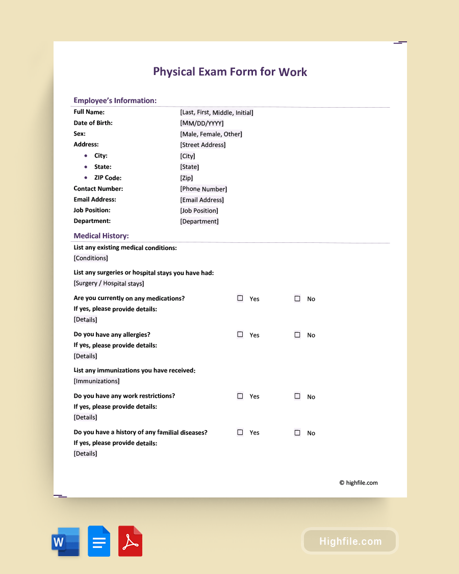Physical Exam Form for Work - Word, PDF, Google Docs