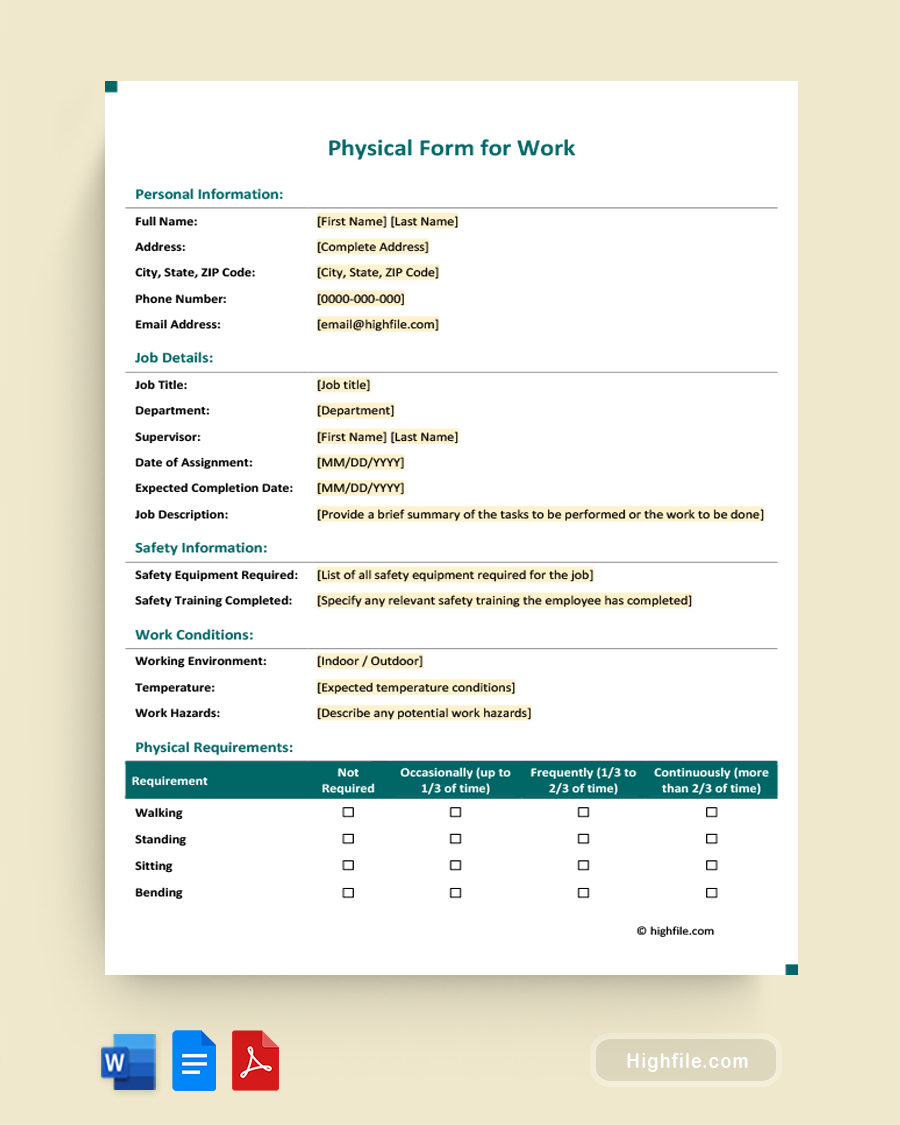 Physical Form for Work - Word, PDF, Google Docs