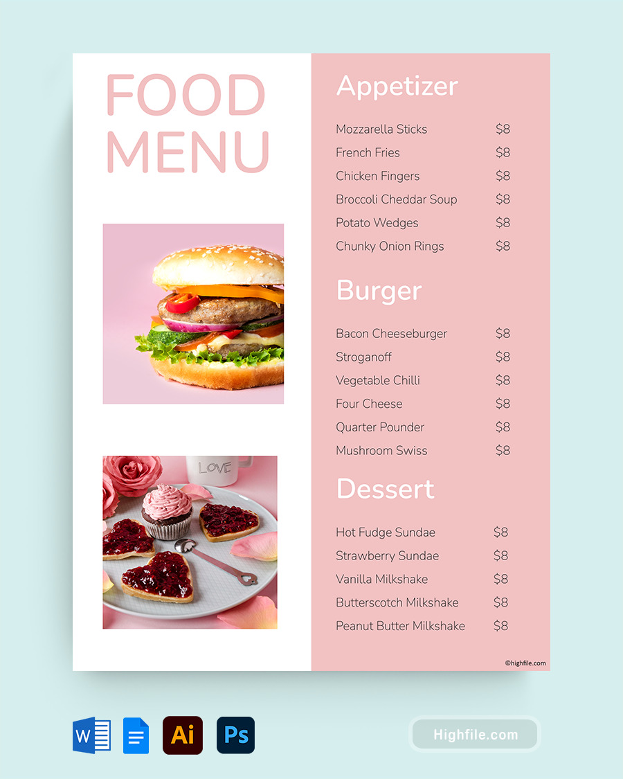 Pink Food Menu Template - Word, Google Docs, Adobe Illustrator, Adobe Photoshop