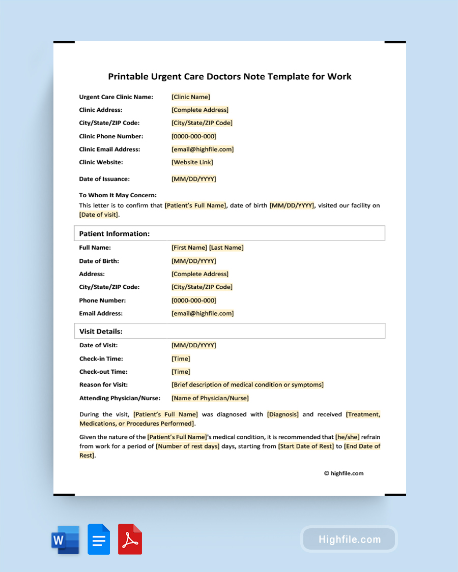 Printable Urgent Care Doctors Note Template for Work - Word, PDF, Google Docs