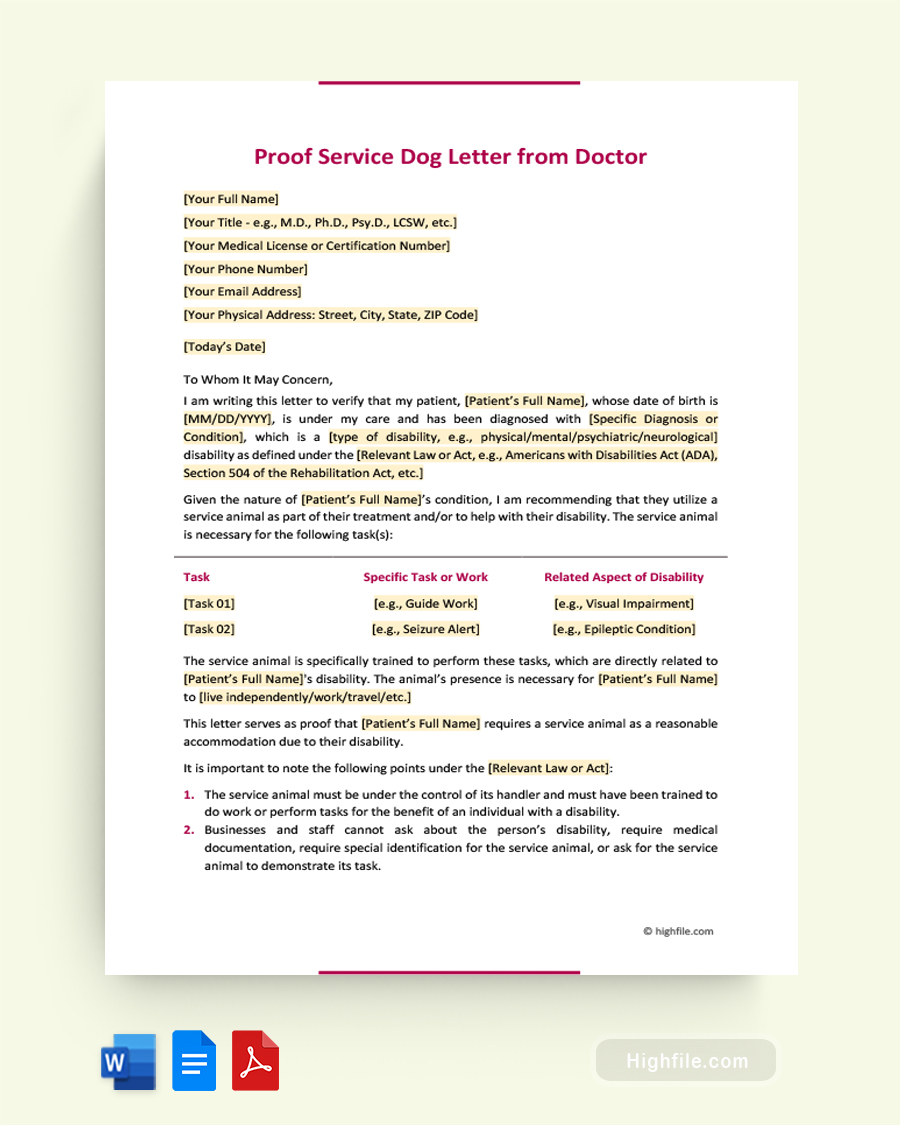 Proof Service Dog Letter from Doctor - Word, PDF, Google Docs