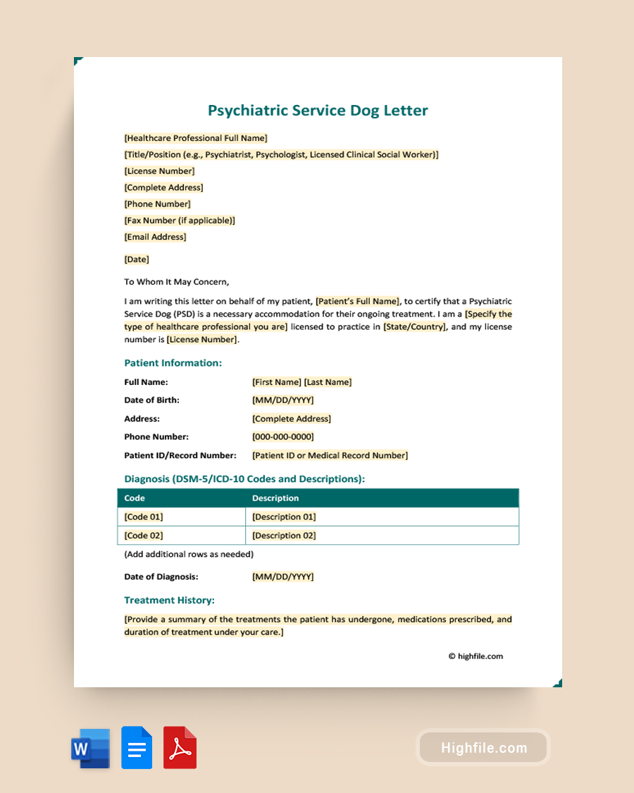 Psychiatric Service Dog Letter - Word, PDF, Google Docs