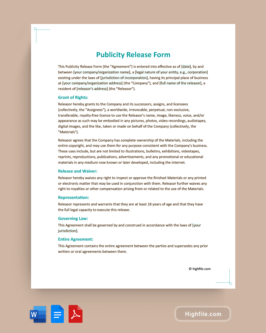 Publicity Release Form - Word, PDF, Google Docs