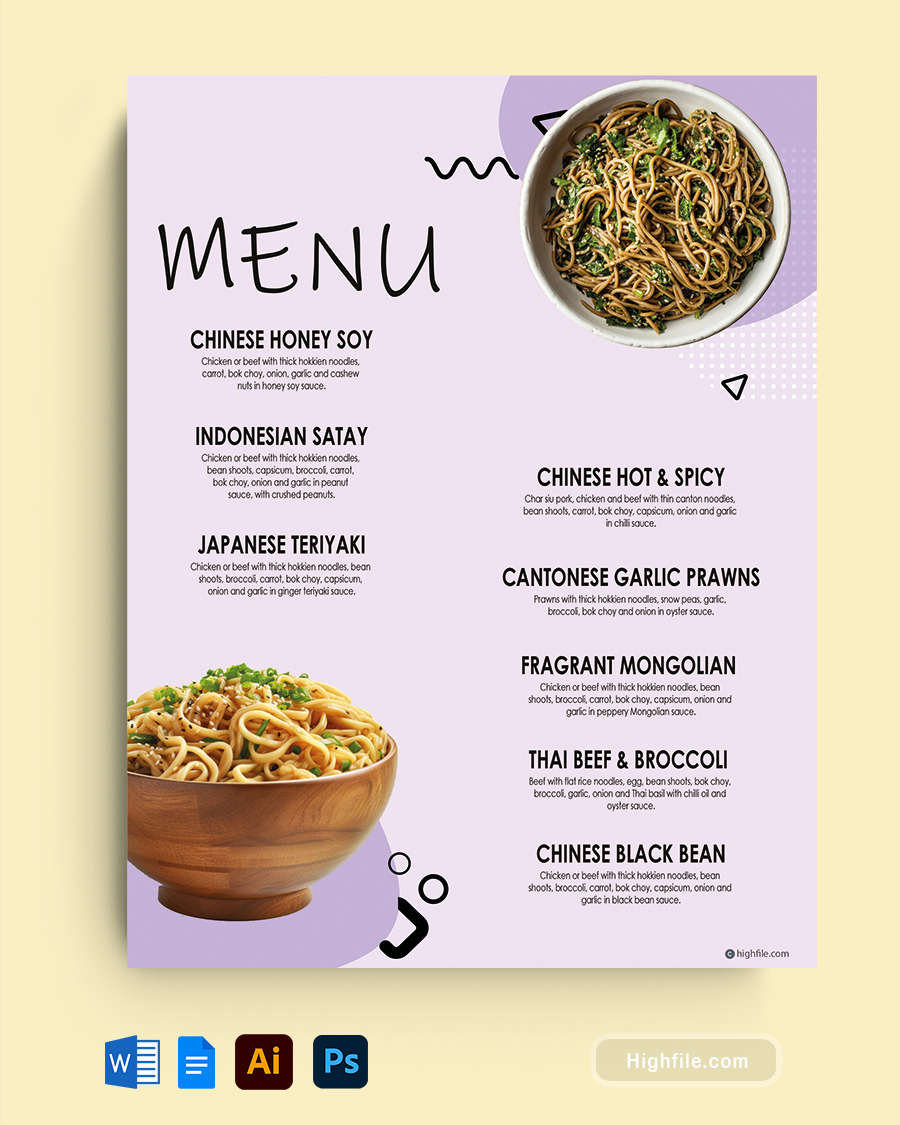 Purple Food Menu Template - Word, Google Docs, Adobe Illustrator, Adobe Photoshop