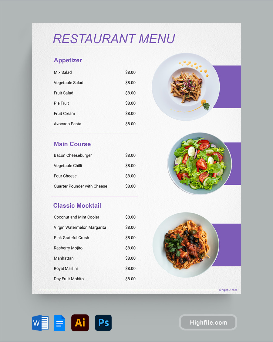 Purple Restaurant Menu Template - Word, Google Docs, Adobe Illustrator, Adobe Photoshop