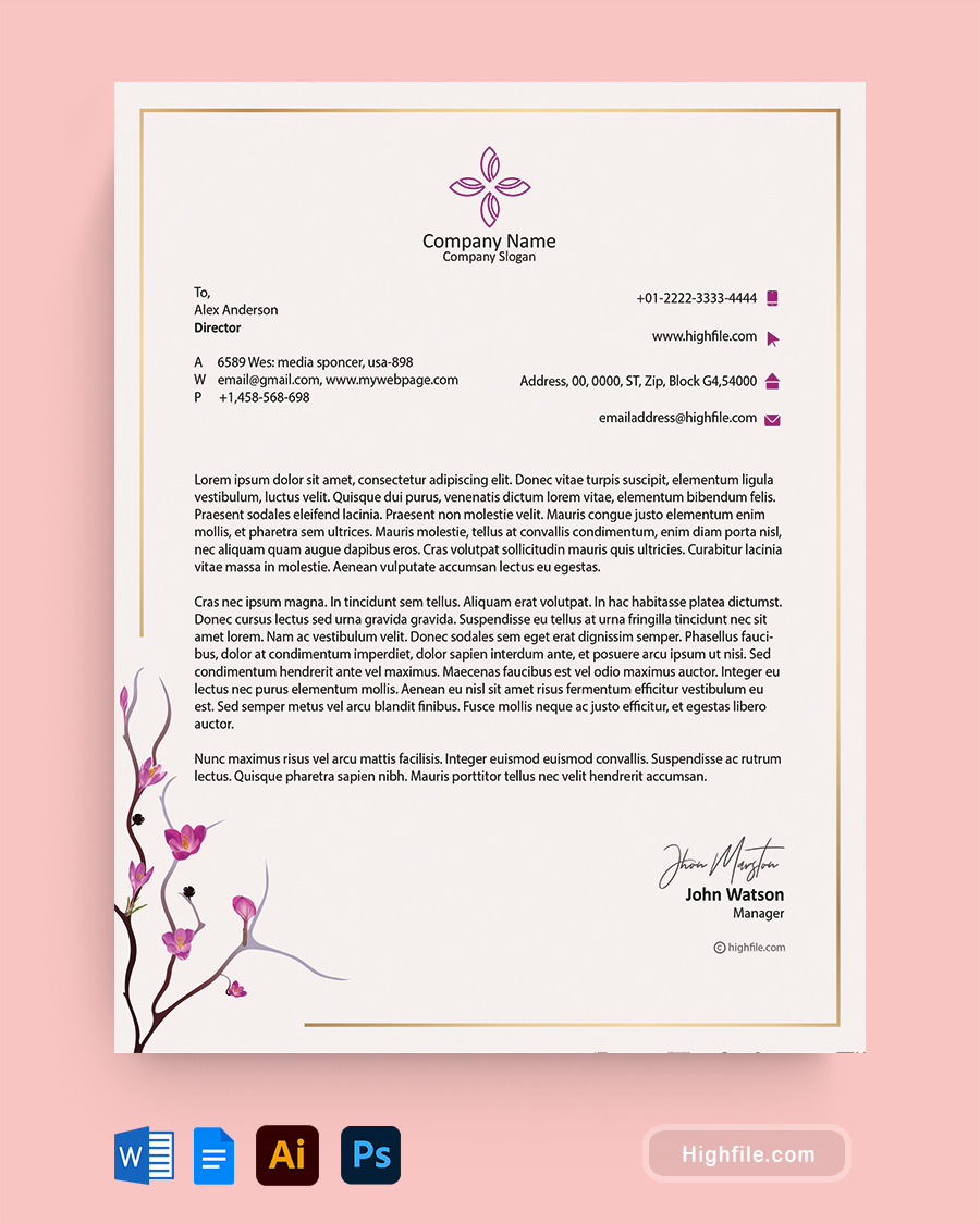 Radiant Orchid Simple Letterhead Template - Word, Google Docs, Adobe Illustrator, Adobe Photoshop